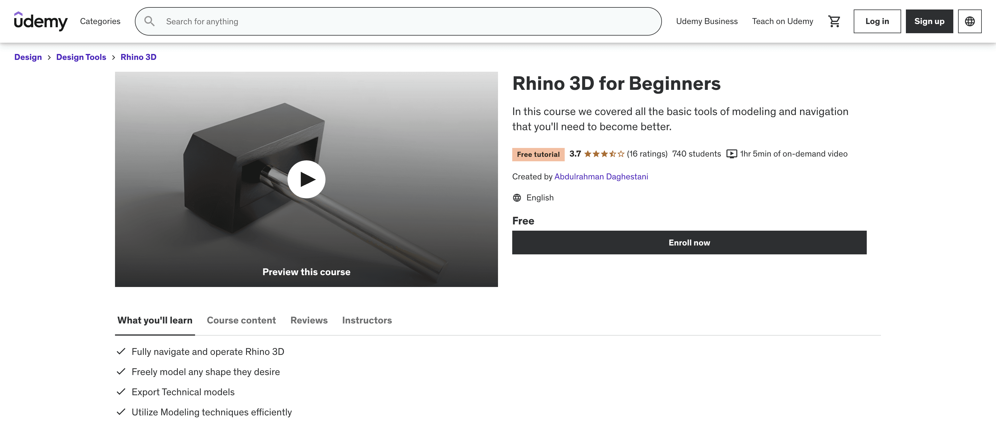 If you’ve never used Rhino 3D for even a second in your life, this course holds your hand as an absolute beginner, plus it’ll take just about an hour for you to complete and all that without spending a dime.