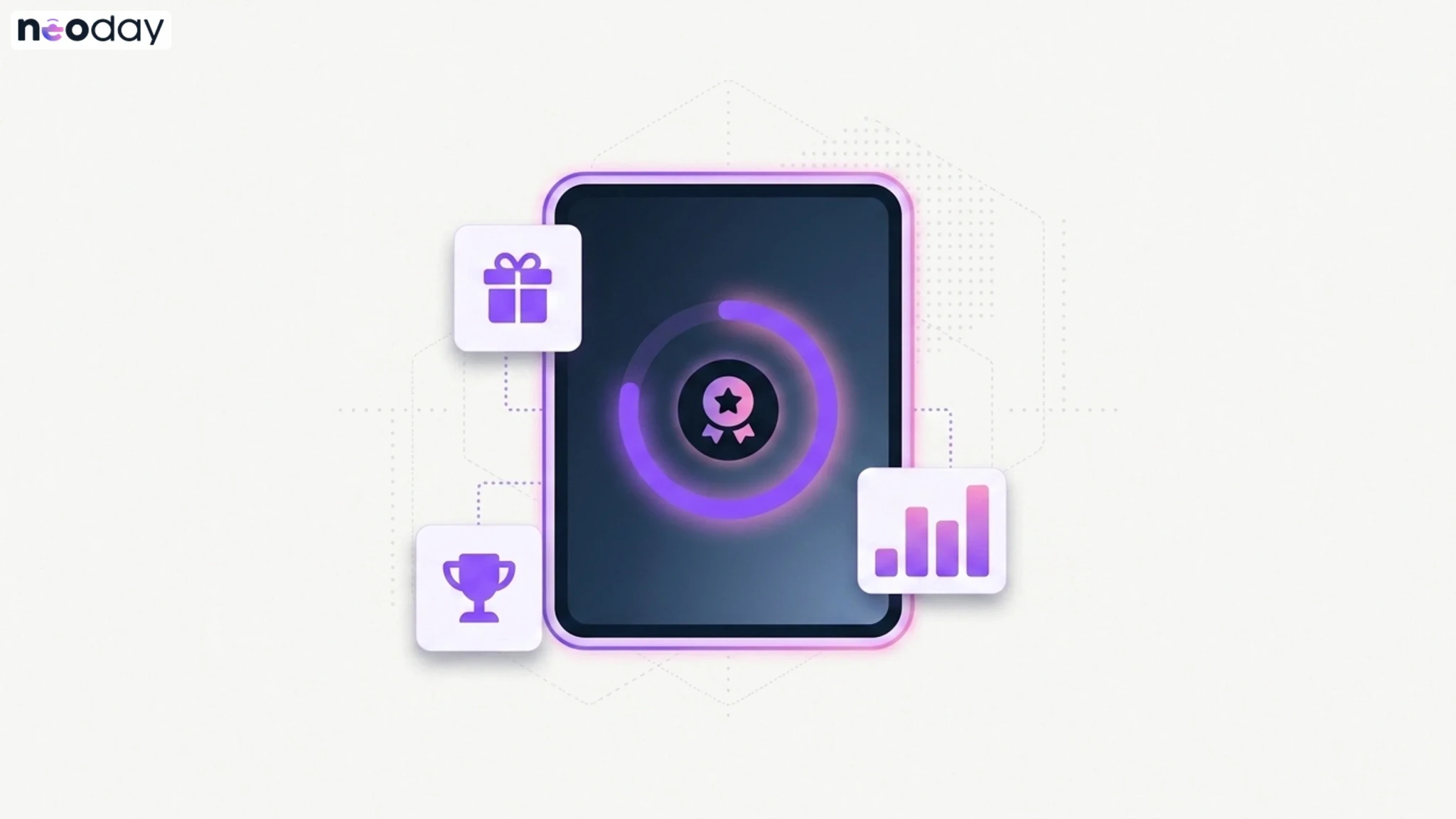 Illustration of a restaurant loyalty program with a digital membership card, points, and rewards