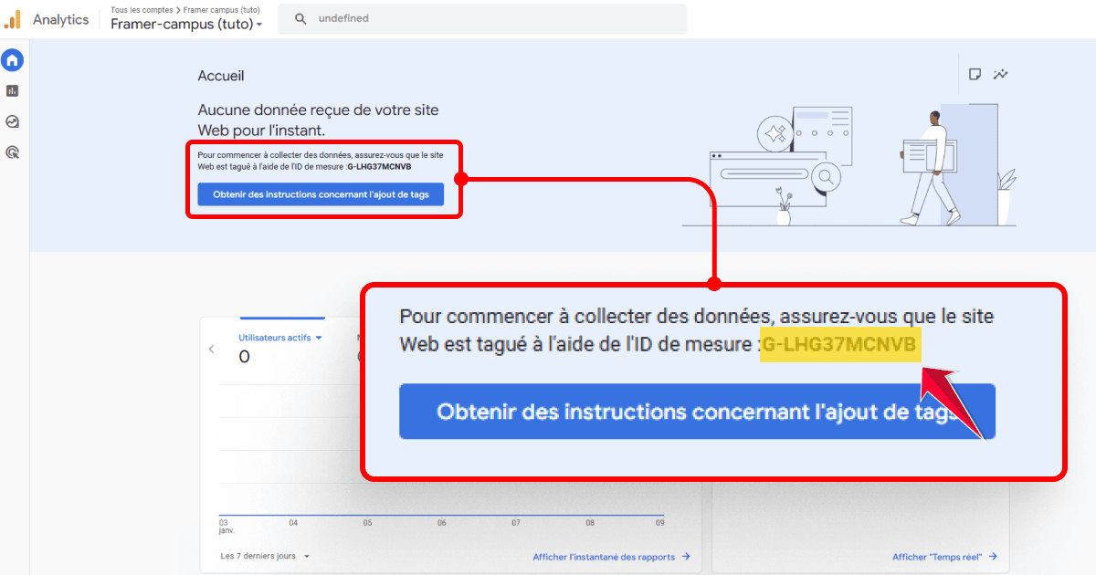 Interface Google Analytics indiquant l’identifiant de mesure à utiliser pour connecter un site Framer
