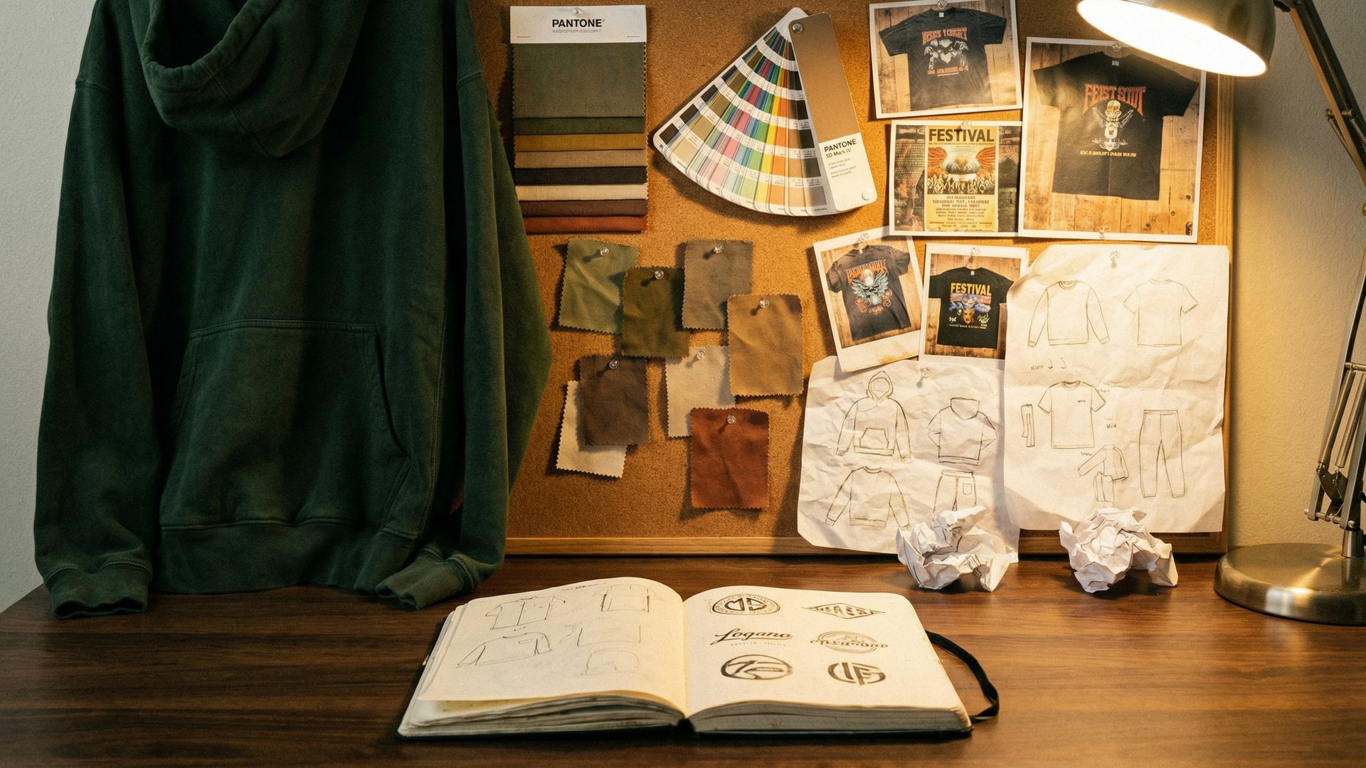 A design studio mood board on a dark walnut desk: a custom garment-dyed heavyweight hoodie in deep forest green is pinned to a corkboard, surrounded by fabric swatches in a cohesive earthy palette, Pantone color chips fanned out, printed reference photos of vintage concert tees and festival posters, and hand-drawn pencil sketches of garment silhouettes, with a Moleskine sketchbook open to a page of logo concepts on the desk below.