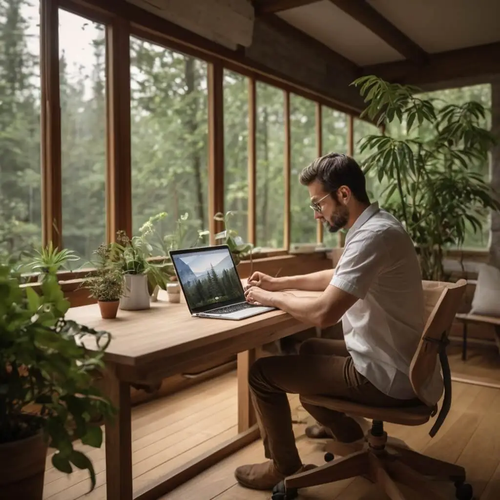 Persona trabajando en un espacio acogedor con laptop, representando servicios de branding y marketing automatizado con IA para empresas y startups