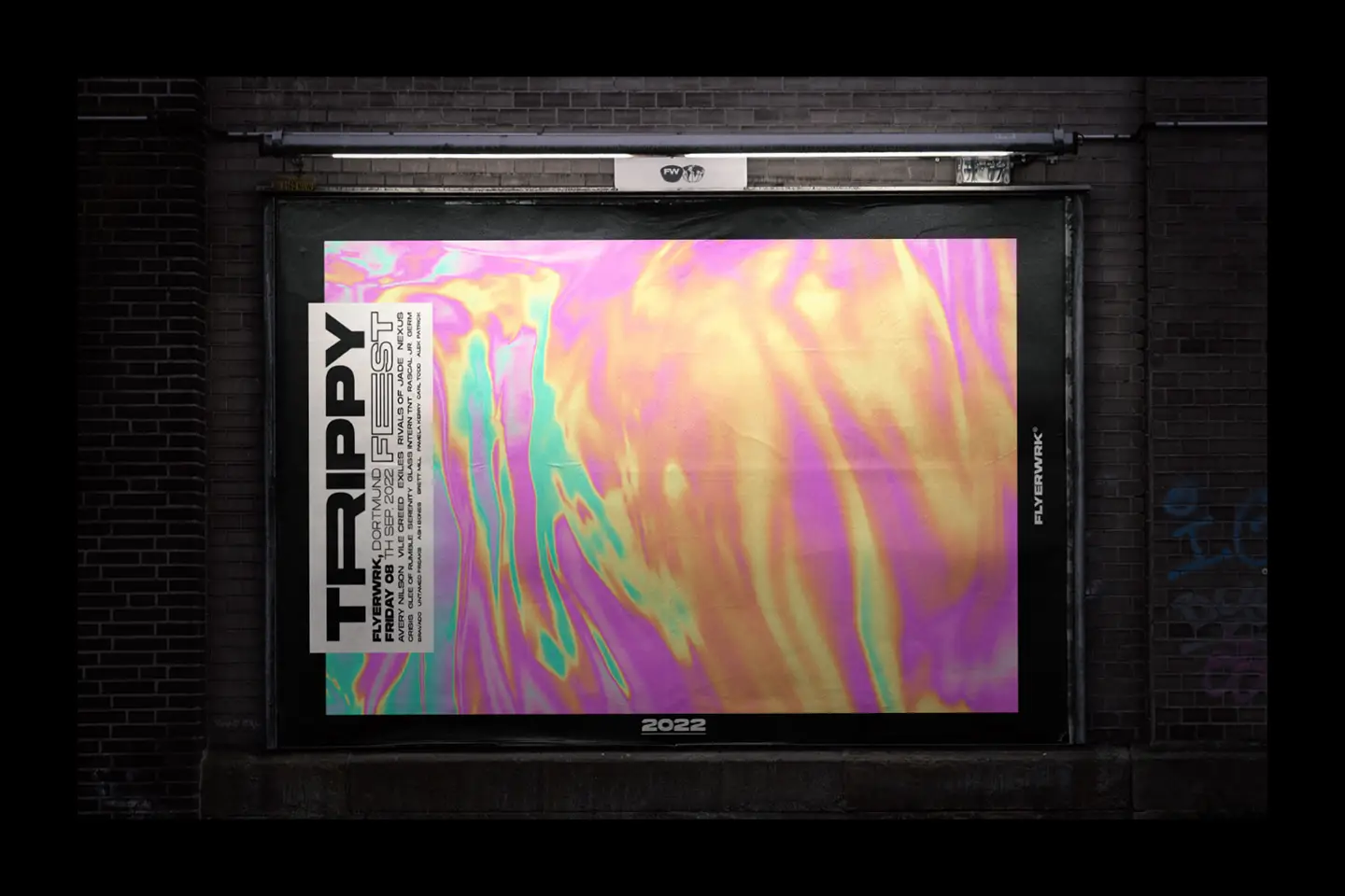 Trippy psychedelic backgrounds applied to a large street billboard mockup for a music festival advertisement