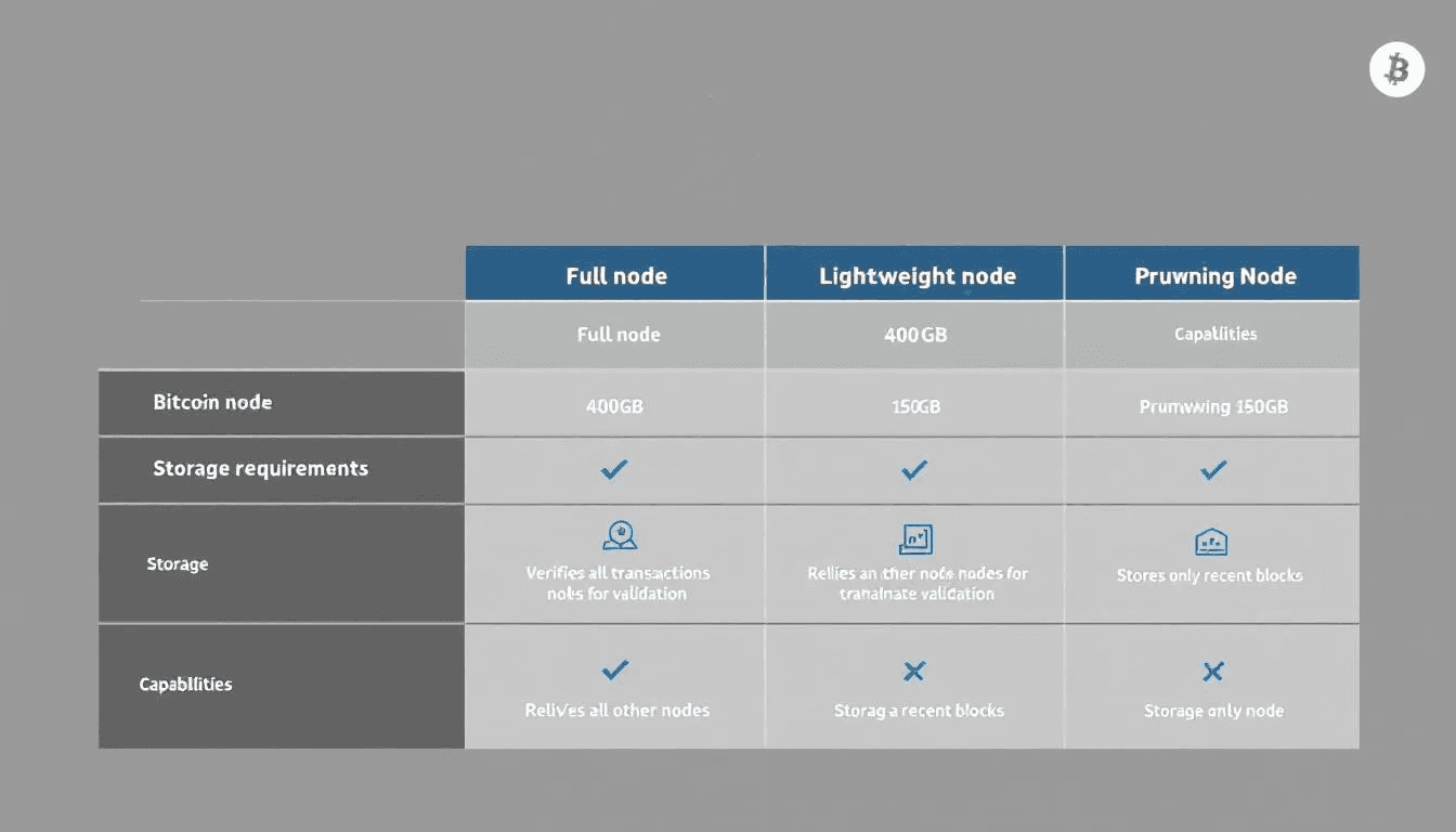 The image is a comparison chart detailing various types of bitcoin nodes, including full nodes, light nodes, and pruned nodes, alongside their respective storage requirements and capabilities in the bitcoin network. It highlights how different node types, such as bitcoin full nodes and lightweight nodes, play distinct roles in validating transactions and maintaining the integrity of the entire bitcoin blockchain.
