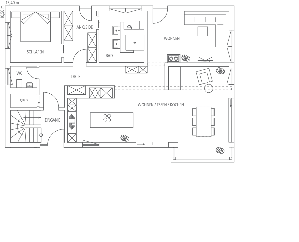 Grundriss einer Wohnung mit Schlafzimmer, Ankleide, Bad, Diele, WC, Speis, Eingang, Wohnen, Essen und Kochen.
