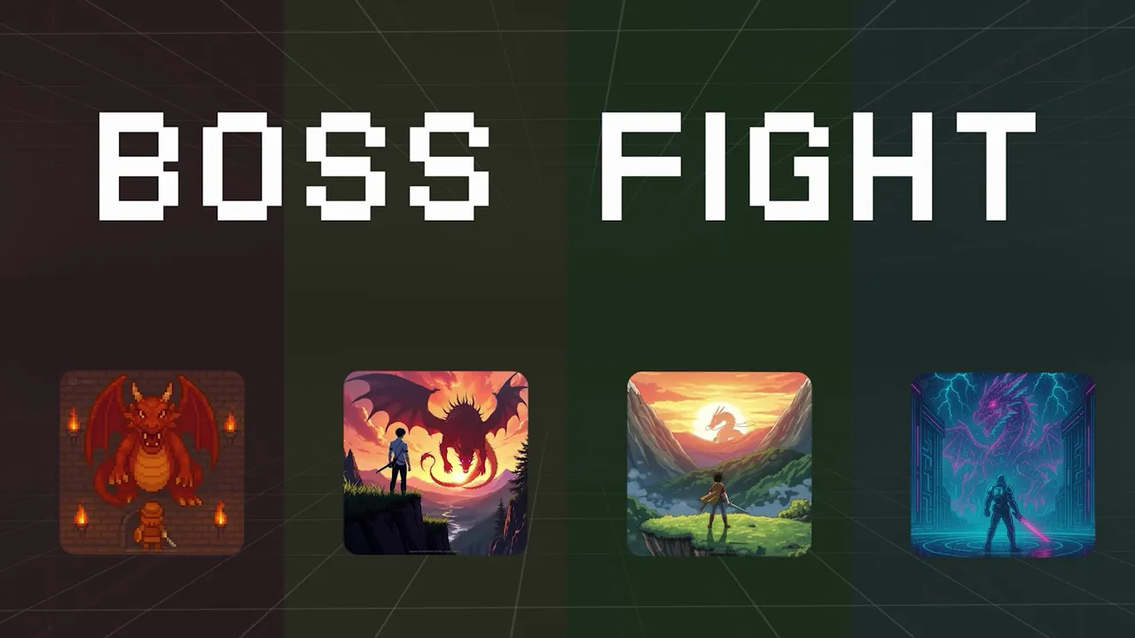 Boss Fight header with four boss icons including dragons and a pixel-art boss, representing staged challenges.