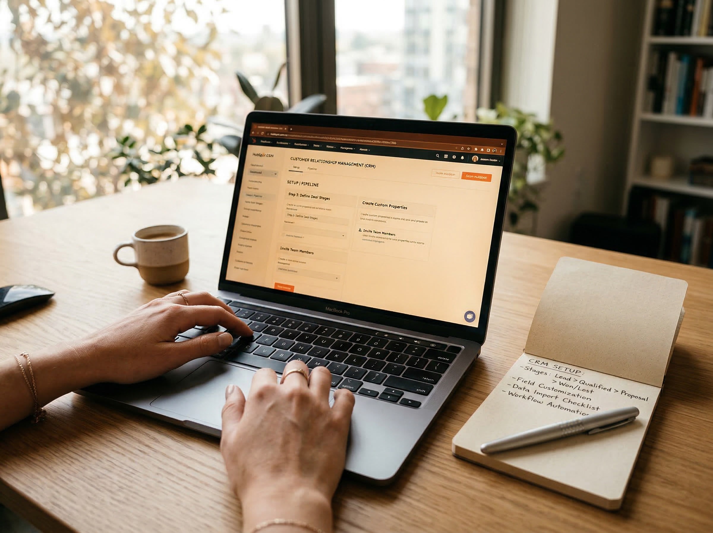 Hands typing on a laptop showing a CRM customer management interface, with a handwritten CRM setup checklist in a notebook beside it.
