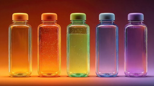 Five colourful glass bottles with matching caps on a warm gradient background – Mizuri branding and creative design visual.