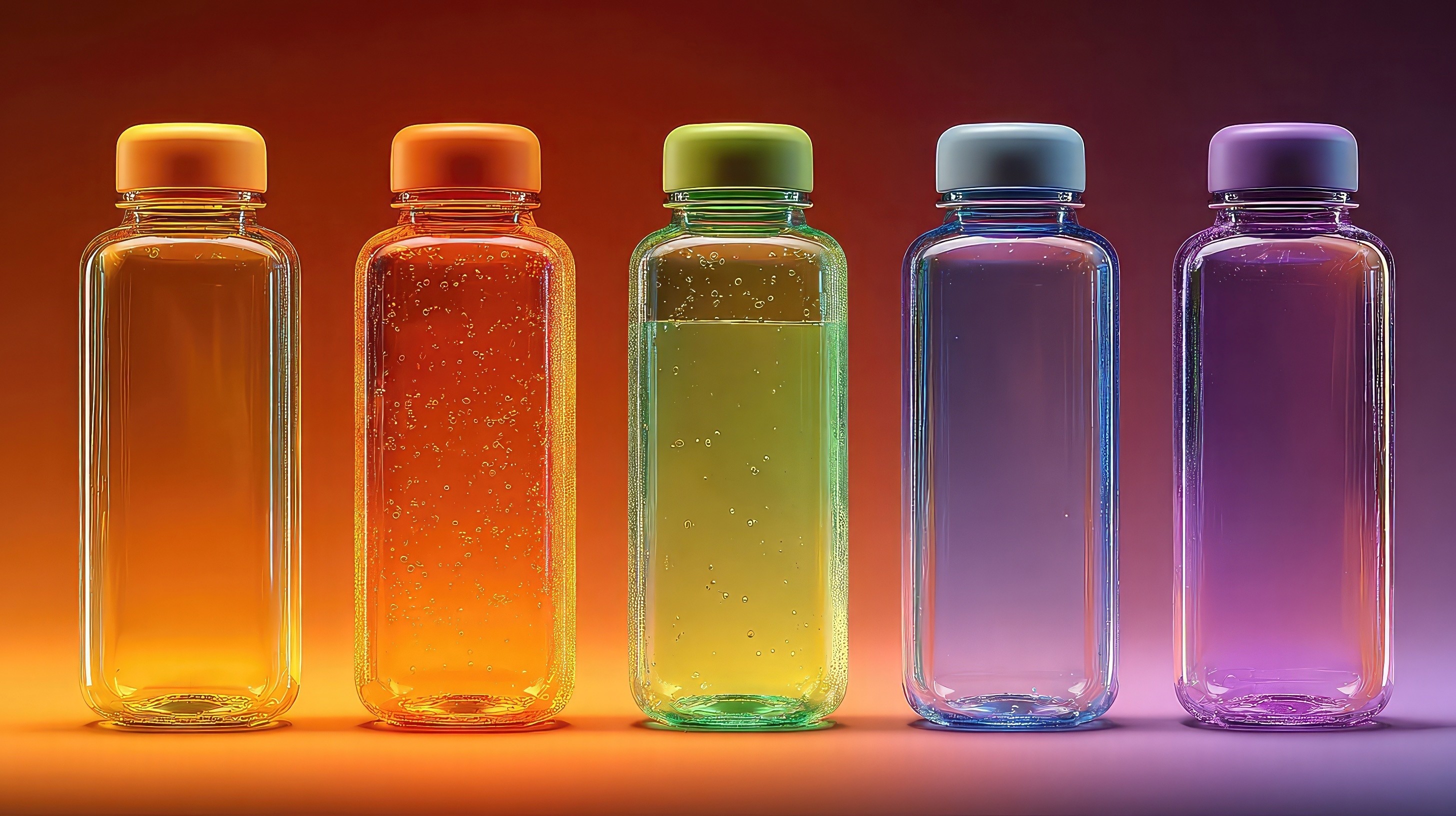 Five colourful glass bottles with matching caps on a warm gradient background – Mizuri branding and creative design visual.