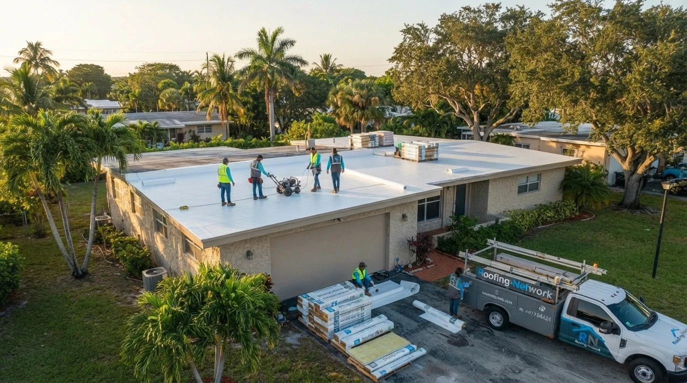 Low-slope residential roof replacement on a 1960s CBS home in Hallandale Beach