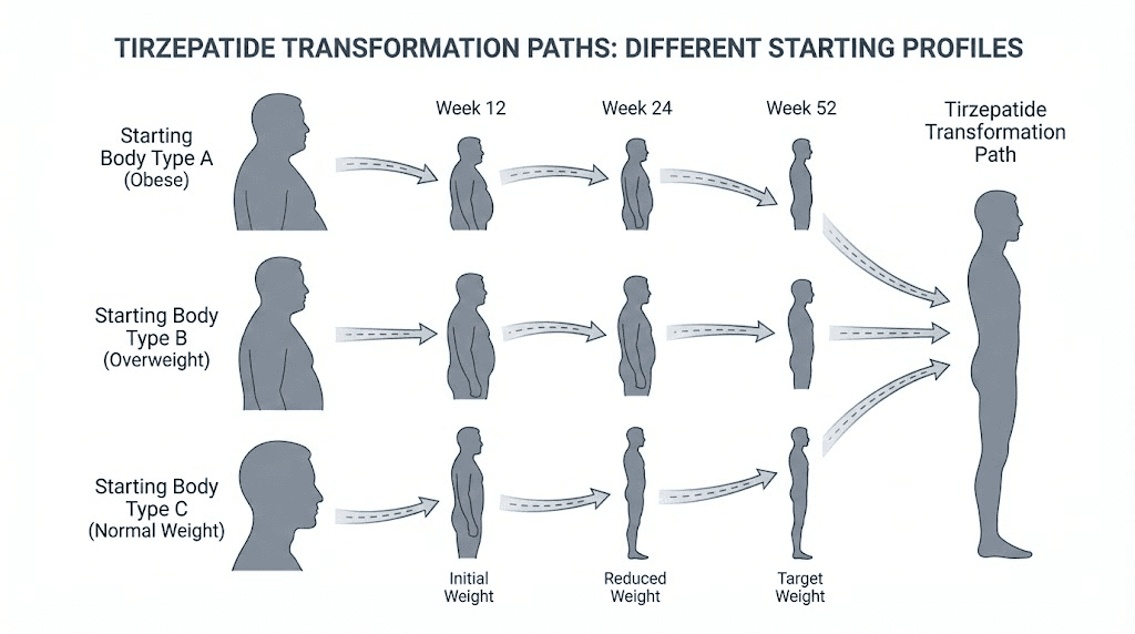 Different male body types and tirzepatide weight loss transformation patterns