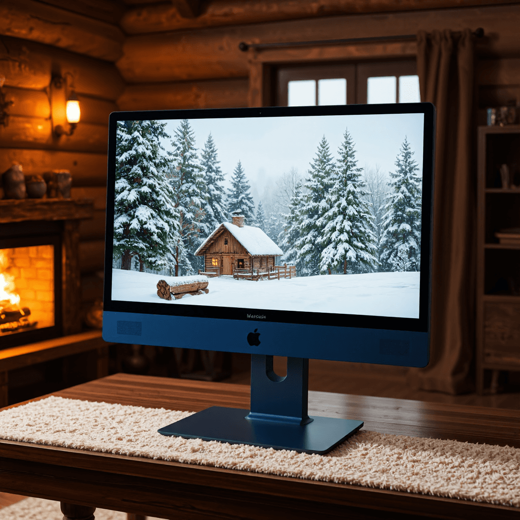 product photography of a desktop computer with an all-in-one design, featuring a large display and integrated speakers