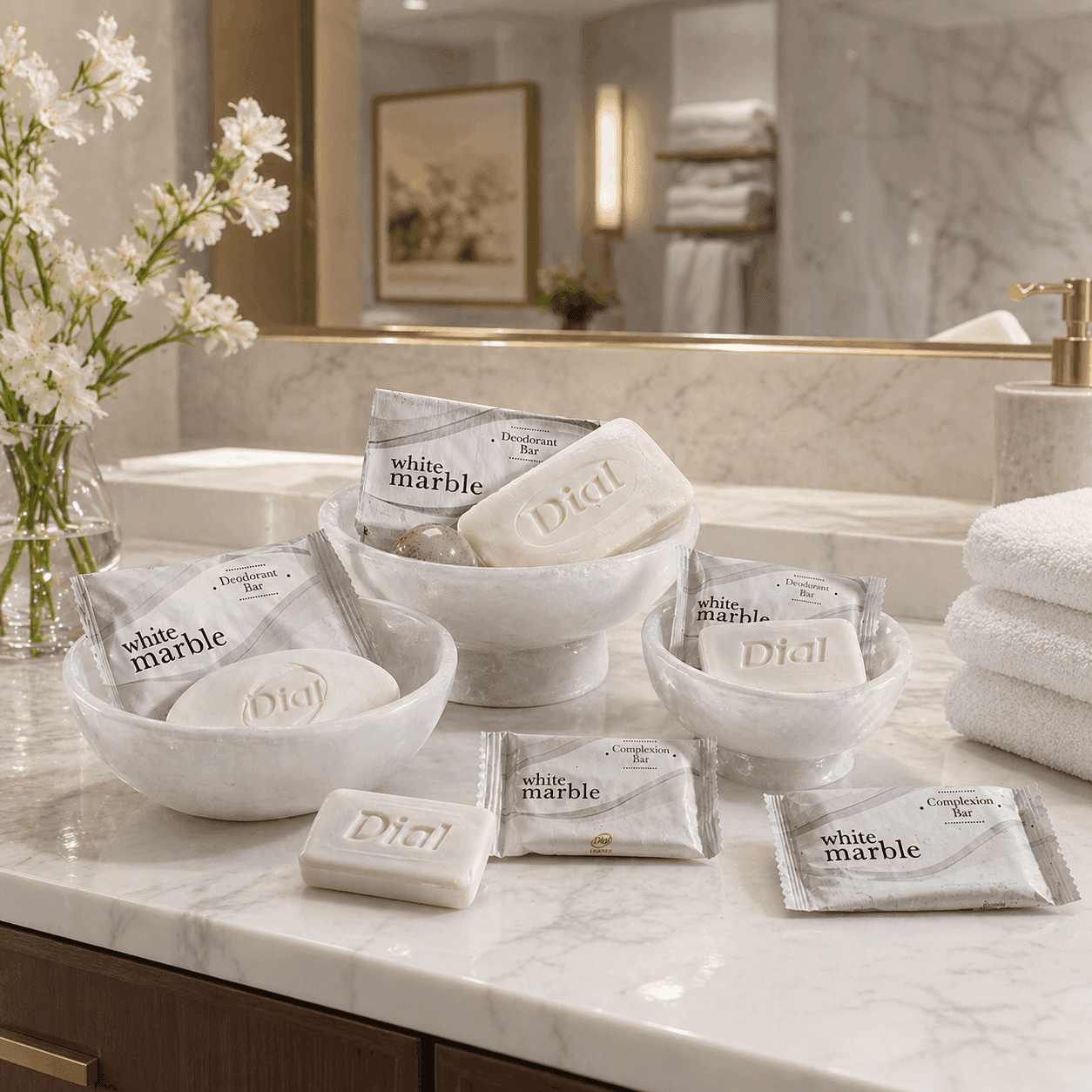 Transmacro Dial deodorant bar soap collection in three different sizes arranged in a top view on a clean white marble surface with soft lighting and minimal professional presentation