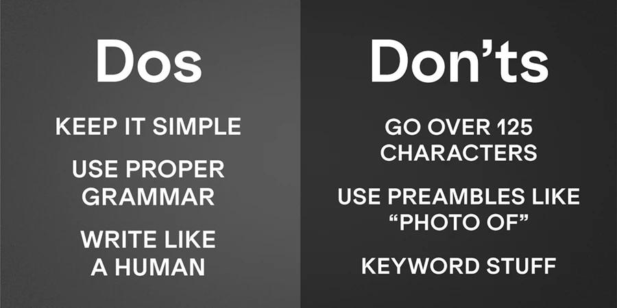 A Dos and Don'ts graphis for alt text best practices.
