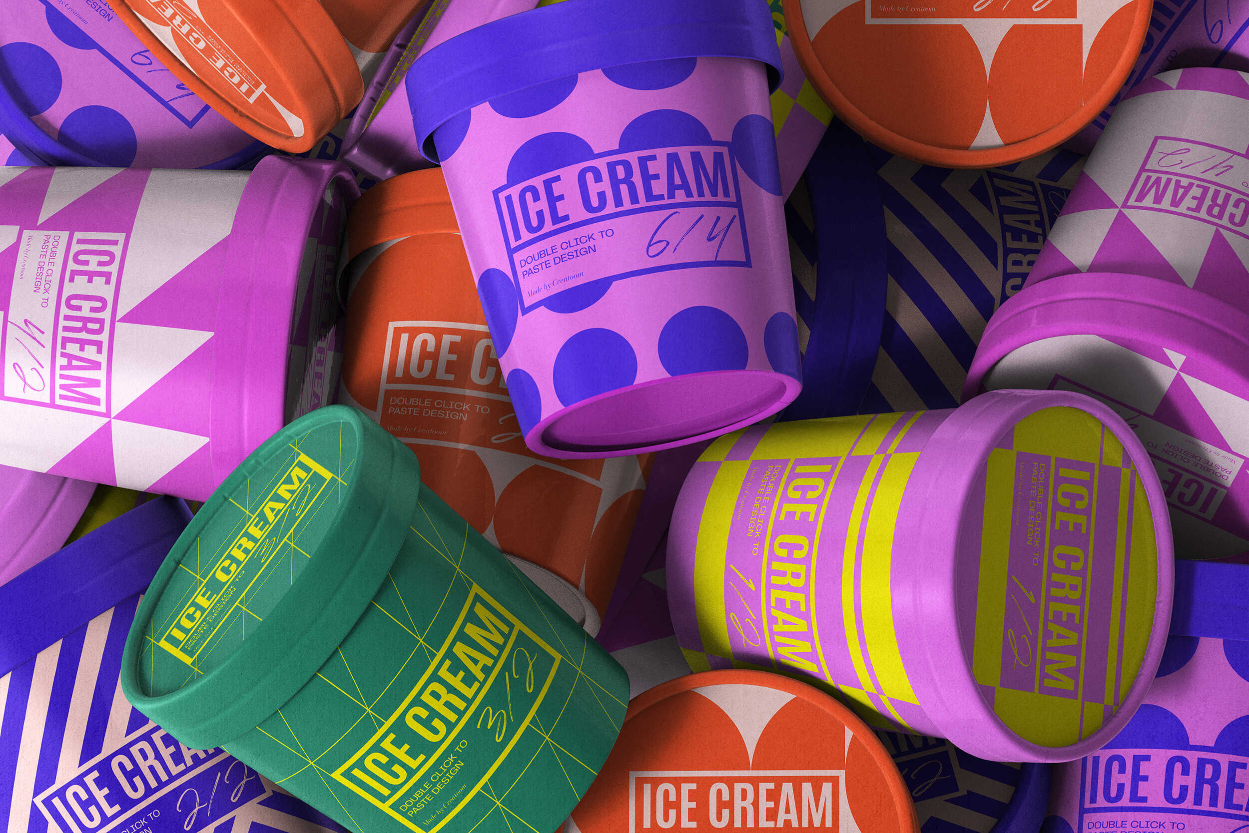 Pile of assorted ice cream tubs with mixed patterns and bold typography