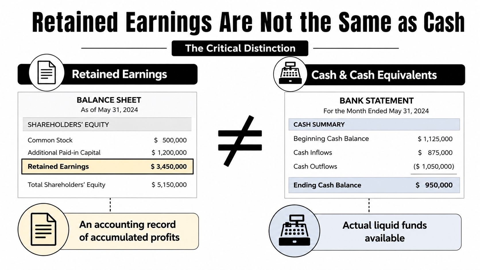 A comparison chart highlighting the difference between retained earnings on a balance sheet and cash balance.