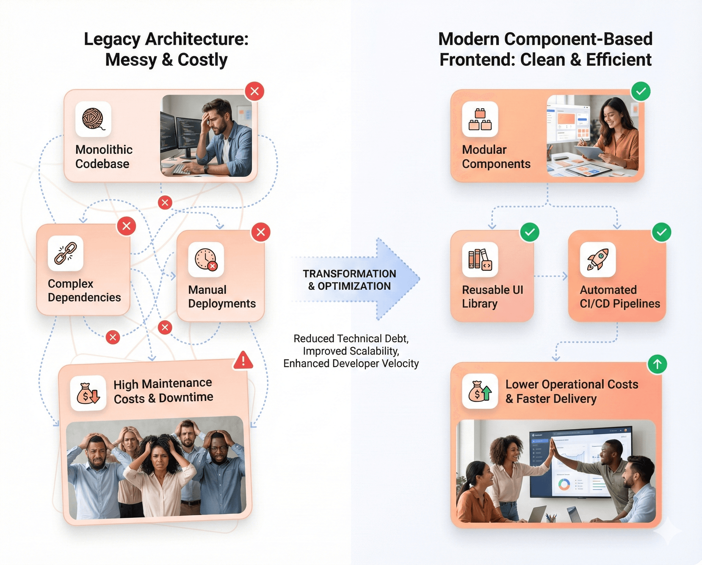 Comparison of legacy technical debt versus clean modern architecture highlighting reduced maintenance costs and improved development efficiency.