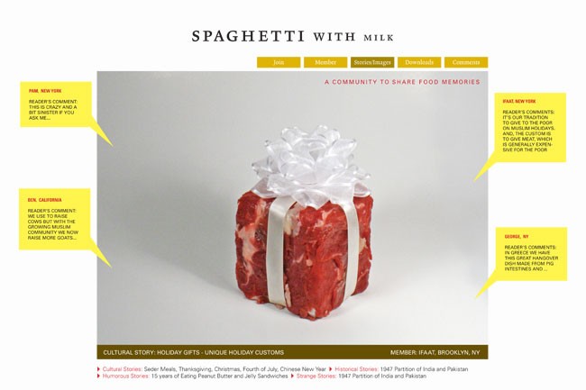 A screenshot of a website titled "SPAGHETTI WITH MILK" shows a central image of spaghetti wrapped in a white ribbon and bow against a plain white background. Yellow speech bubbles containing reader comments are positioned around the image. The website features navigation links including "Join," "Member," "Series/Images," "Downloads," and "Comments." Below the central image, a banner lists "CULTURAL STORIES: Holiday Gifts - Unique Holiday Customs," with additional text including "Historical Stories," "Strange Stories," and "Member: IFAAT, BROOKLYN, NY."