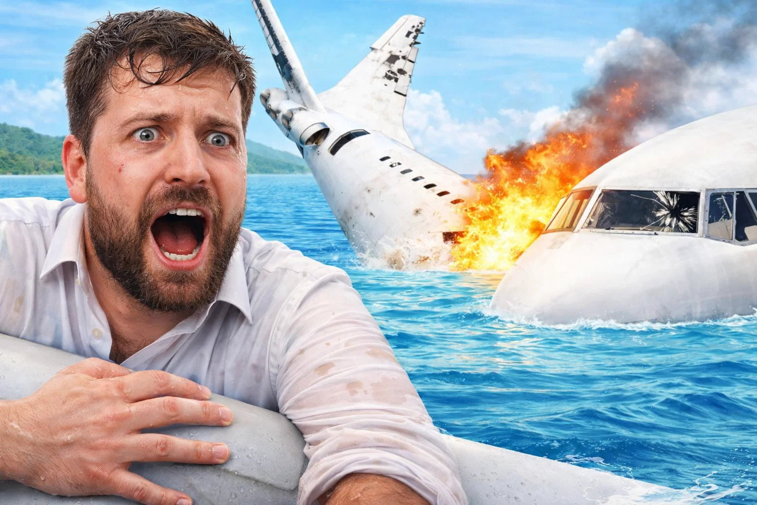 Man screaming in fear during a plane crash in the ocean with flames erupting.