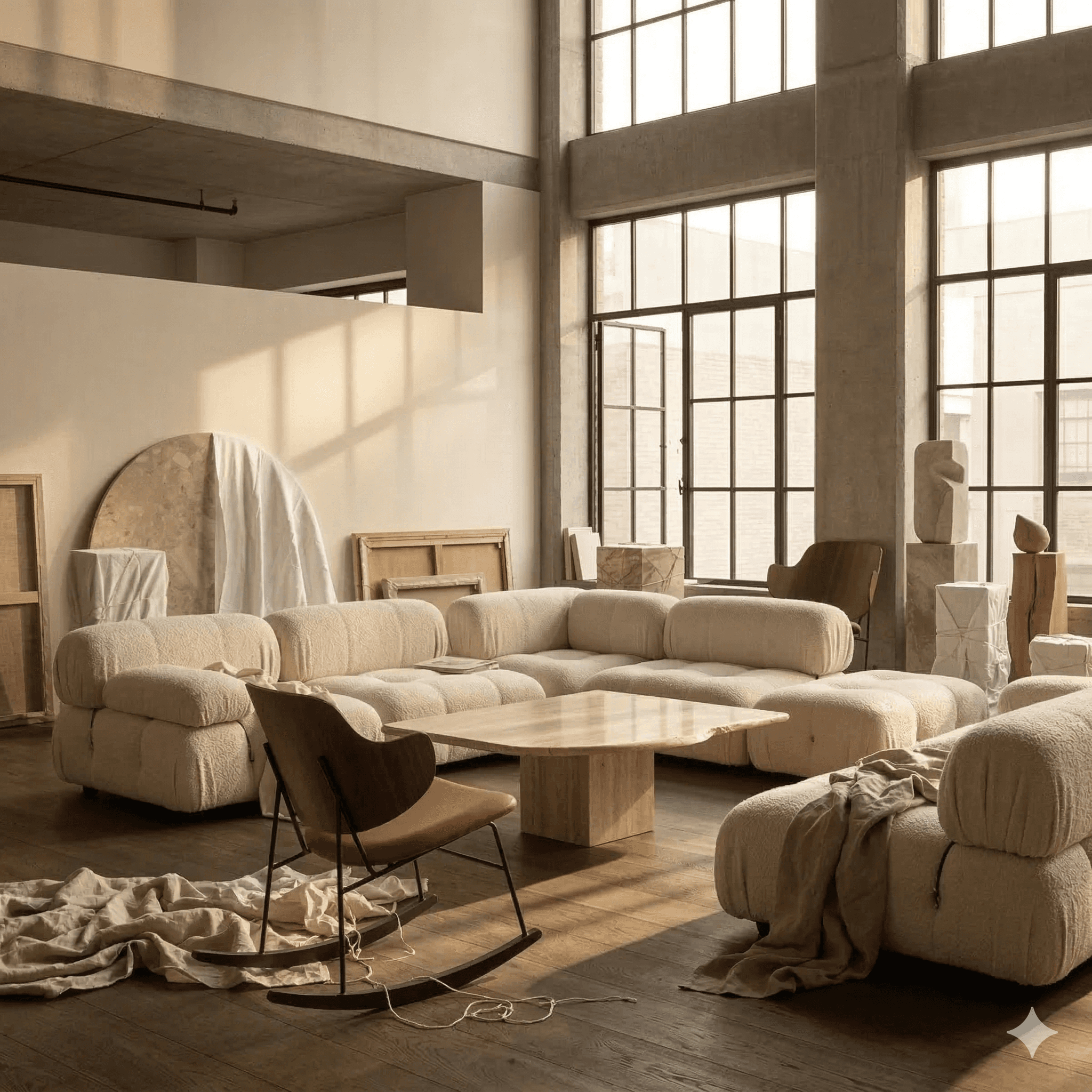 Dark brown corridor with curved walls, floor lighting, and elegant chandeliers.