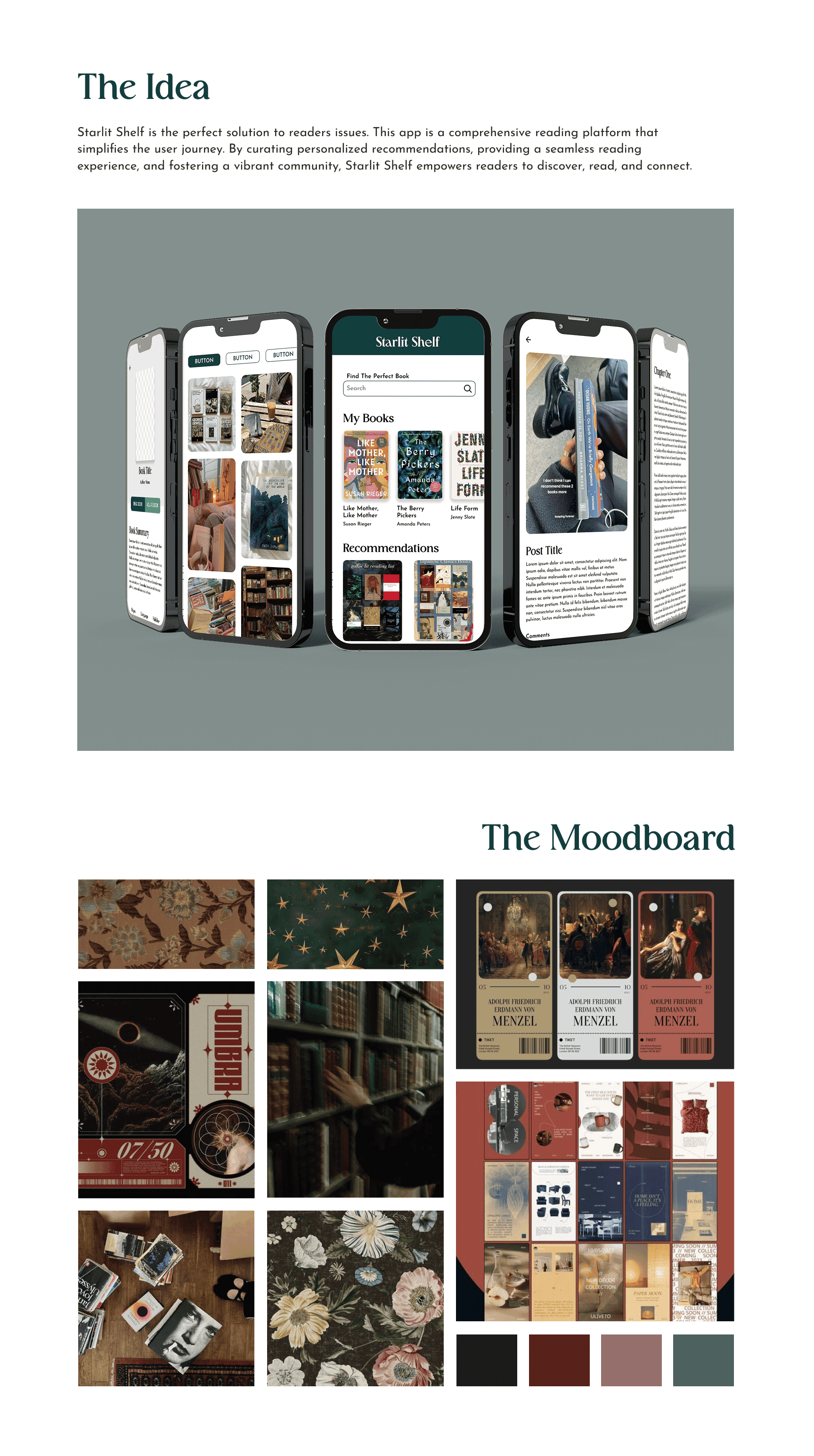 Starlit Shelf reading app interface on smartphones.