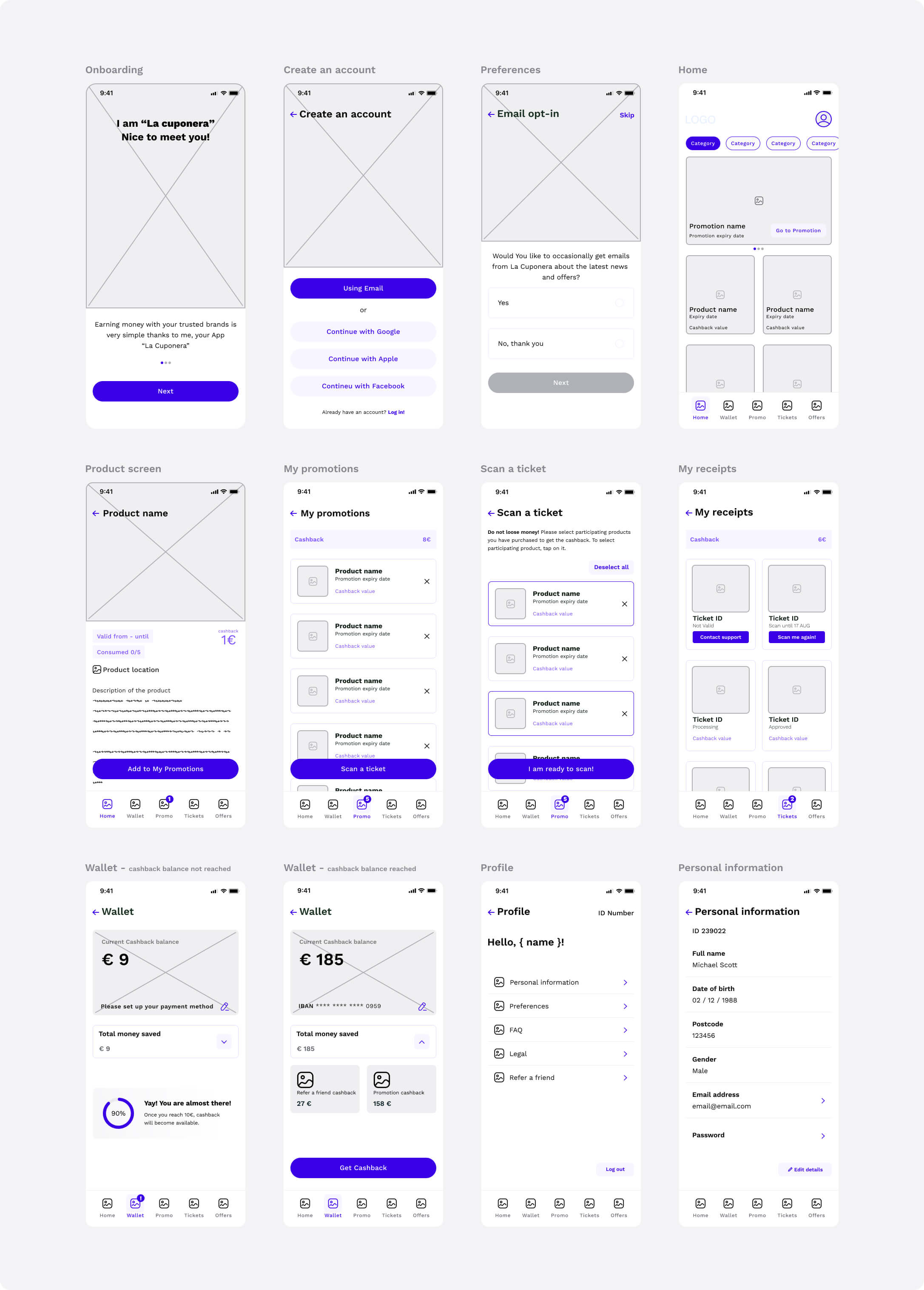 Wireframes for mobile coupon cashback application for Procter and Gamble