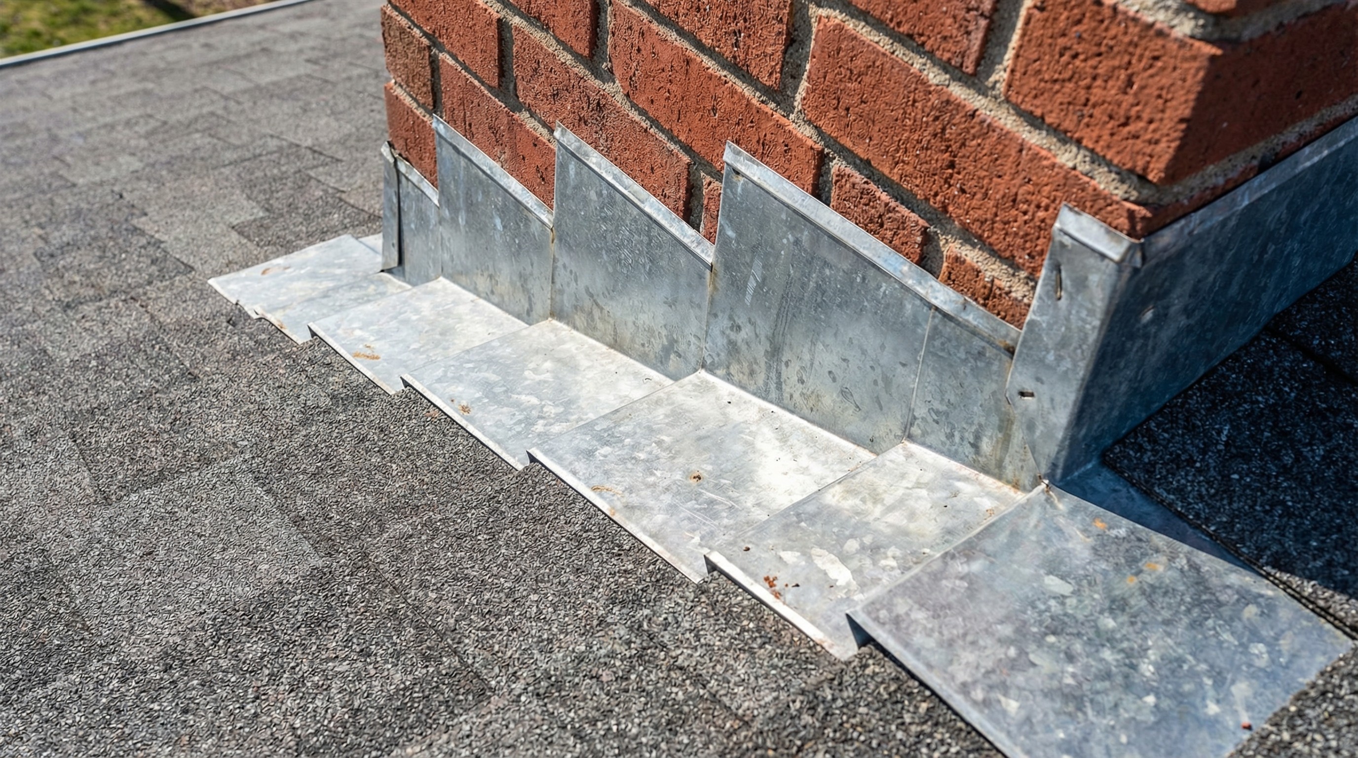 Close-up view of a chimney flashing, showing metal flashing and brickwork details for roofing.