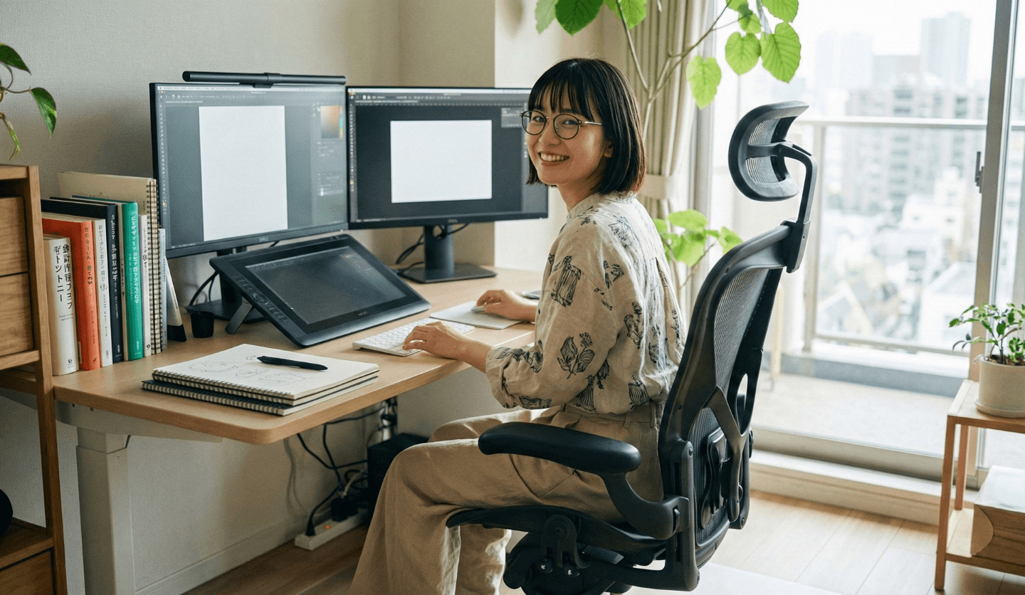Woman working from home desk with multiple monitors and a sketchpad.