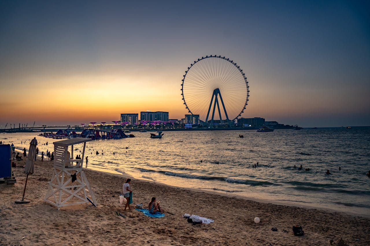 The sunset view from JBR Beach with Ain Dubai in the background.&nbsp;