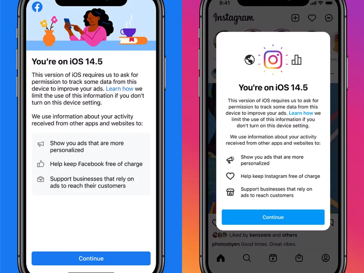 iOS 14.5 app tracking transparency prompt shown on Facebook and Instagram apps.