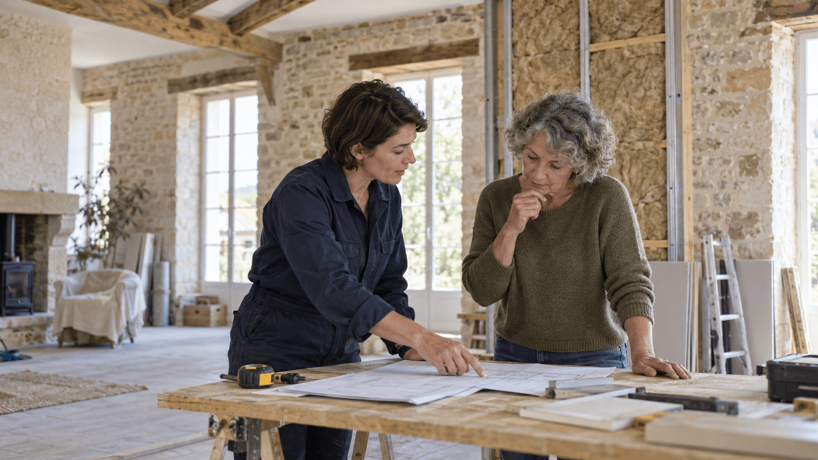 Une artisane et une propriétaire examinent un dossier de travaux dans une maison en rénovation.