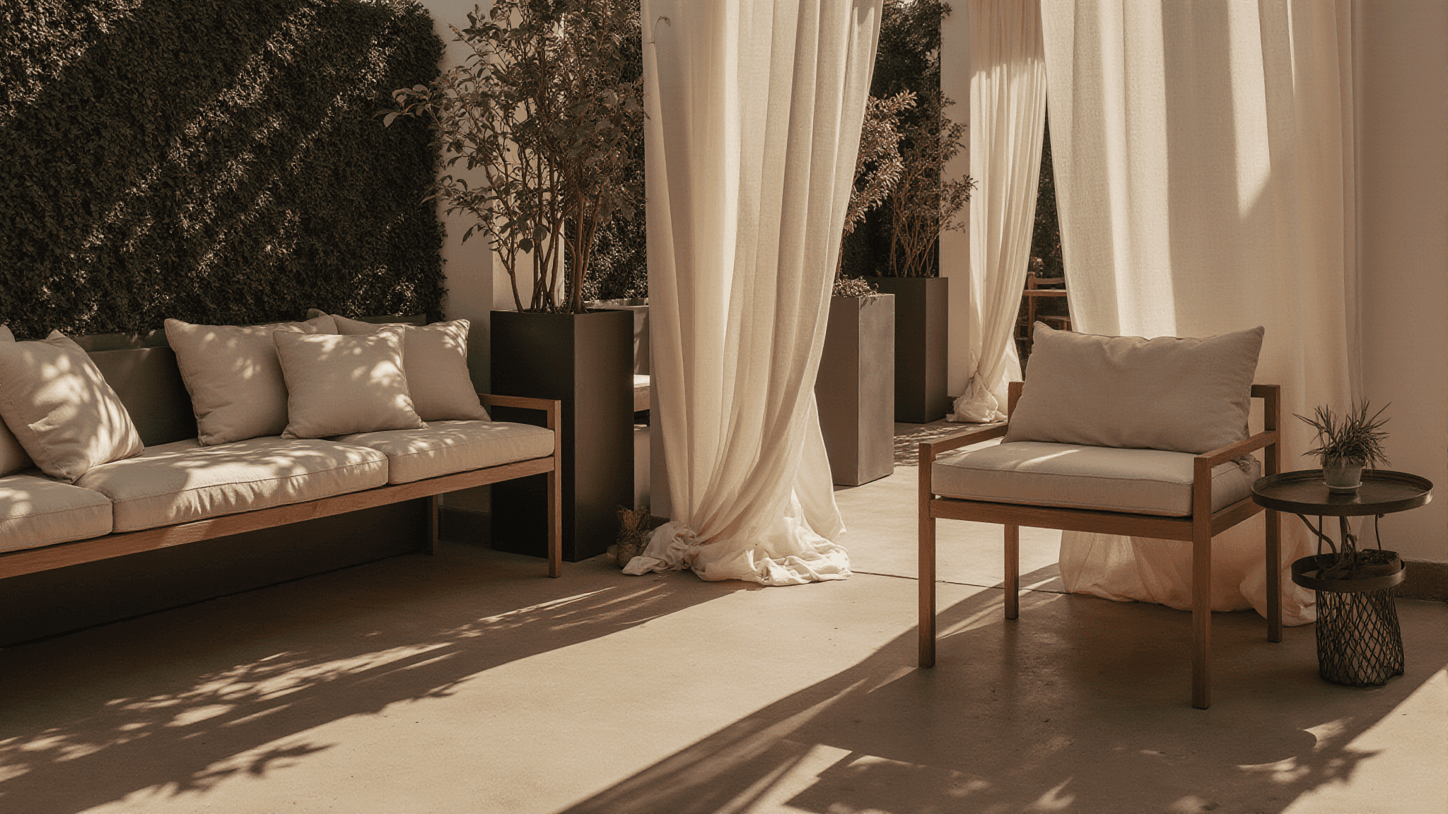 Outdoor lounge area with neutral cushions, sheer curtains, and potted plants in dappled sunlight.