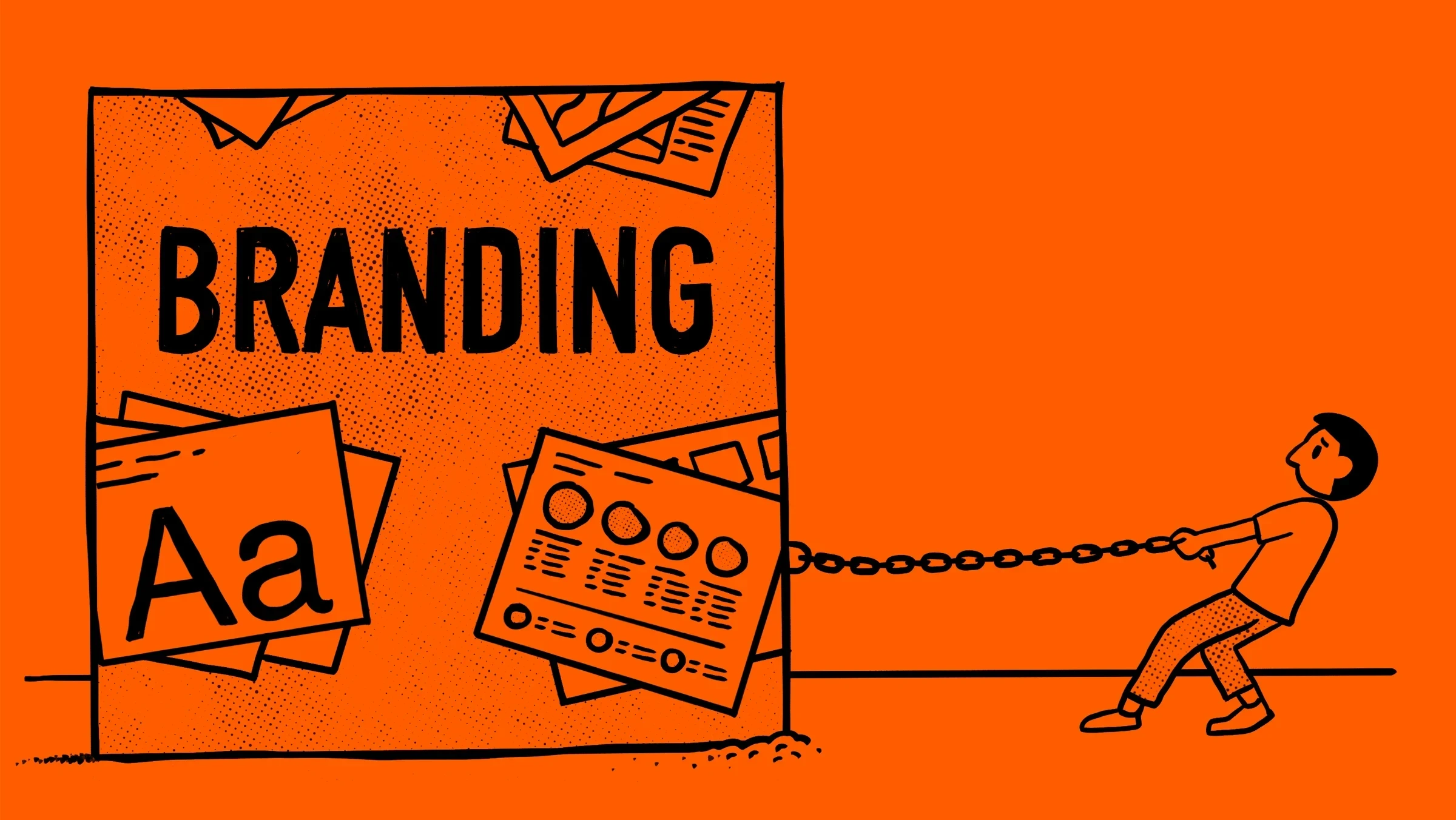 A business owner struggling to pull a giant heavy stone block labeled 'Branding' with a chain, symbolising how outdated branding can hold a business back.