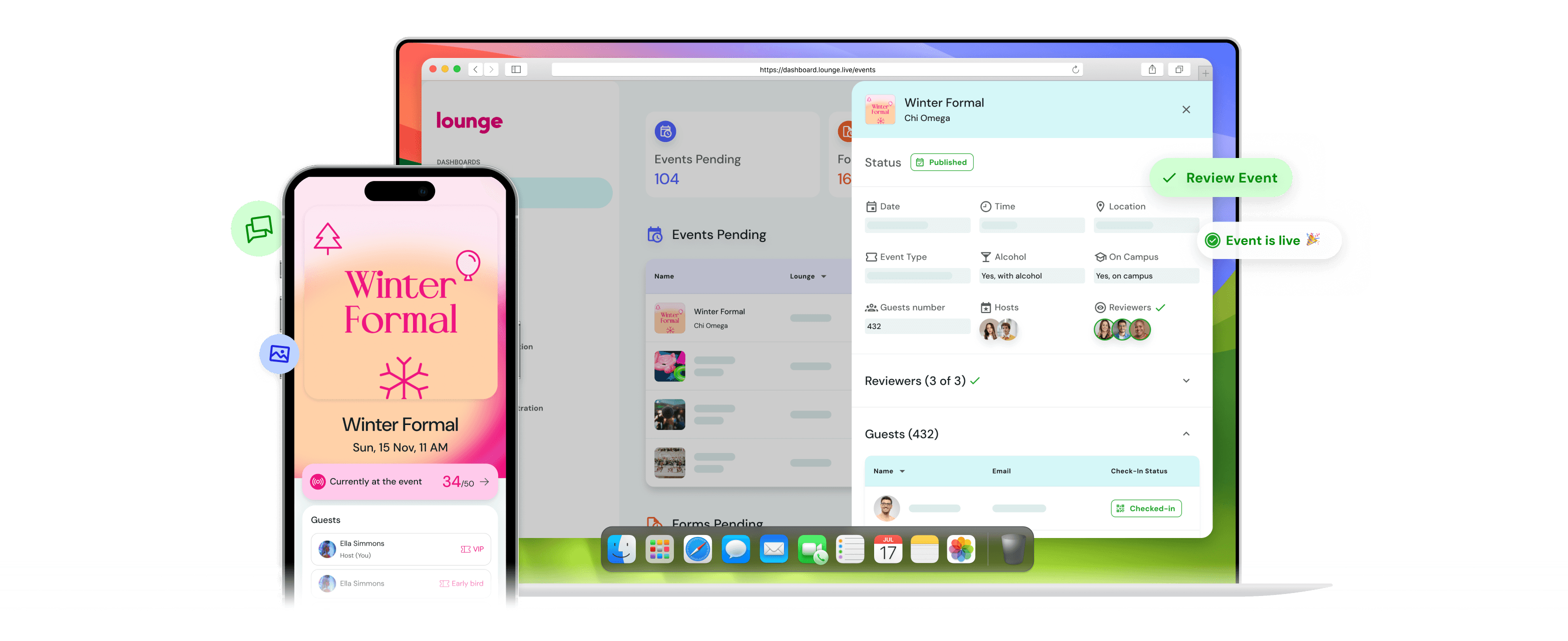 Lounge software dashboard for fraternity and sorority life showing event approvals, reviews, and campus engagement tracking