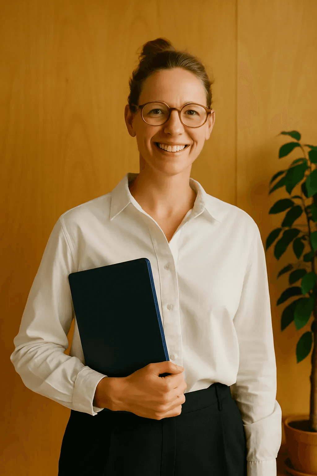Woman in glasses wearing a white shirt, holding a tablet, standing in front of a wooden wall with a plant behind her.