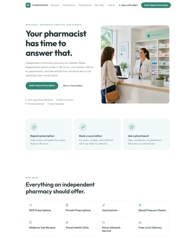 Community pharmacy website template preview with prescription and vaccination routes