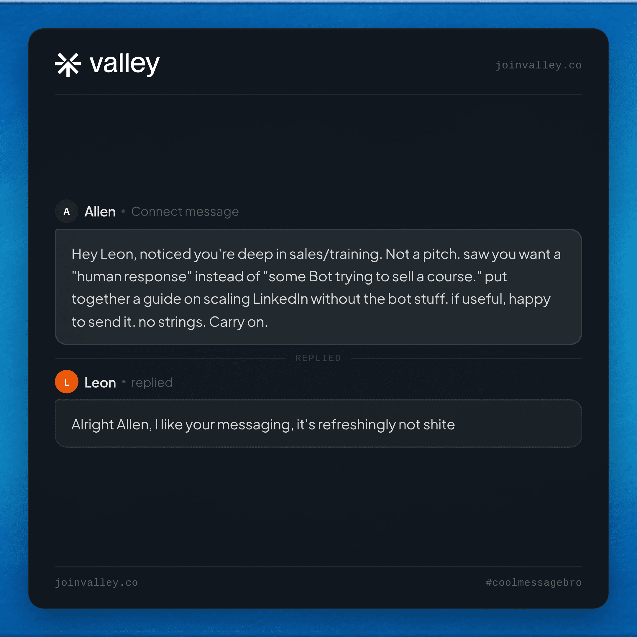A real message Valley sent and the positive reply it earned (coolmessagebro.com)