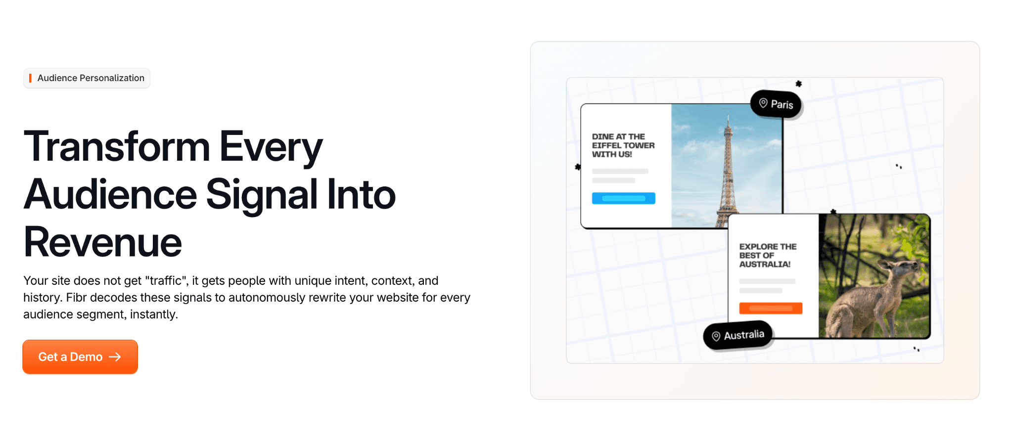 Fibr AI audience personalization landing page showing segment-based experiences.