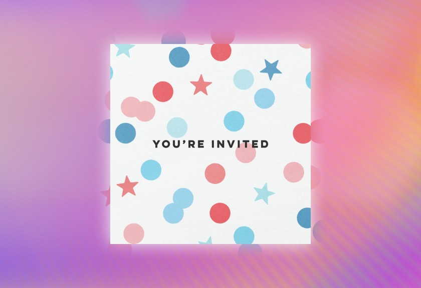 Bright, retro baby shower invite design with bold, bubbly text and colorful floral illustrations on a hot pink and teal background.