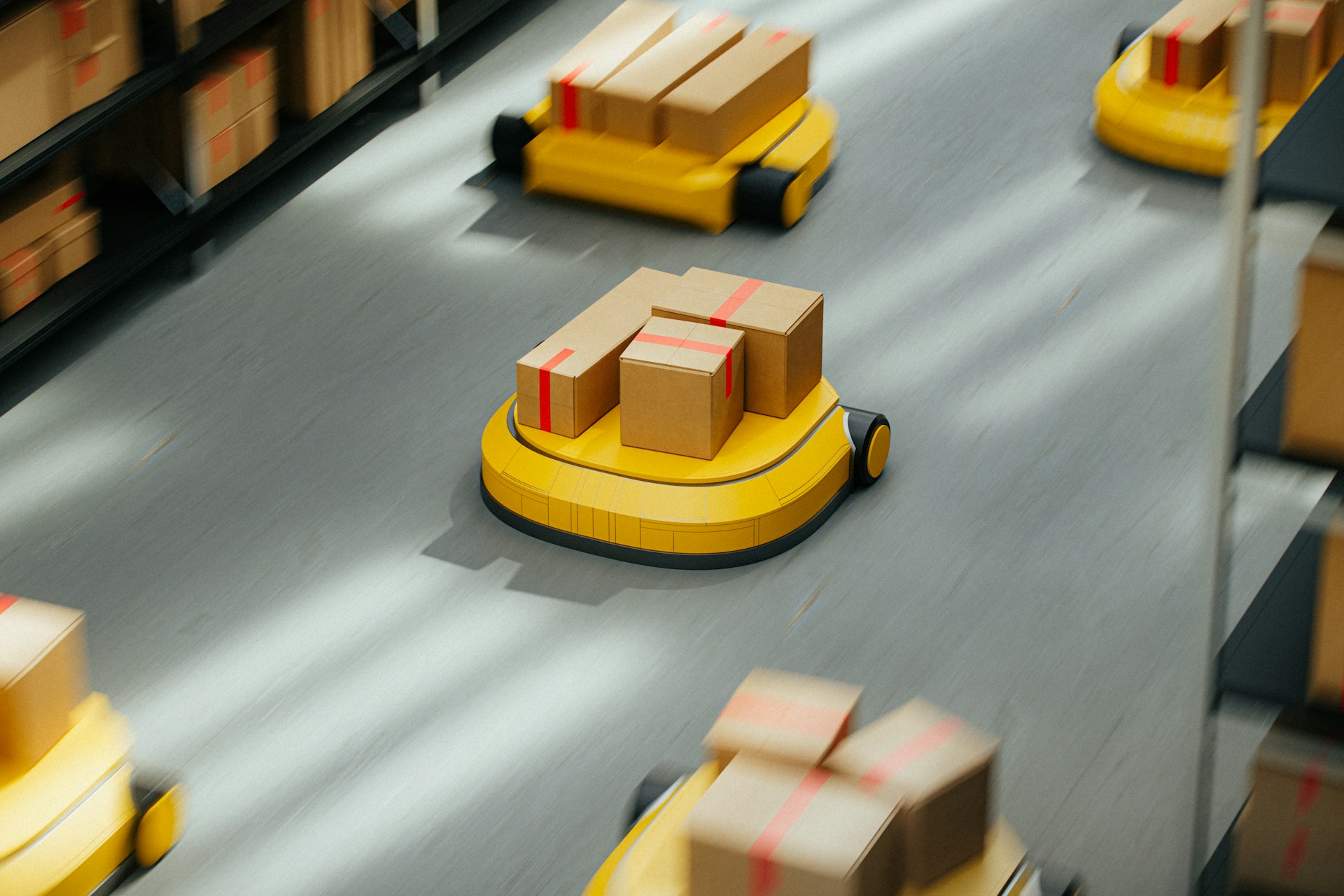 Autonomous yellow robots move along warehouse aisles, carrying cardboard packages on their platforms in a large, brightly lit, high-tech logistics center filled with shelves and motion blur that suggests fast, efficient automated parcel sorting.