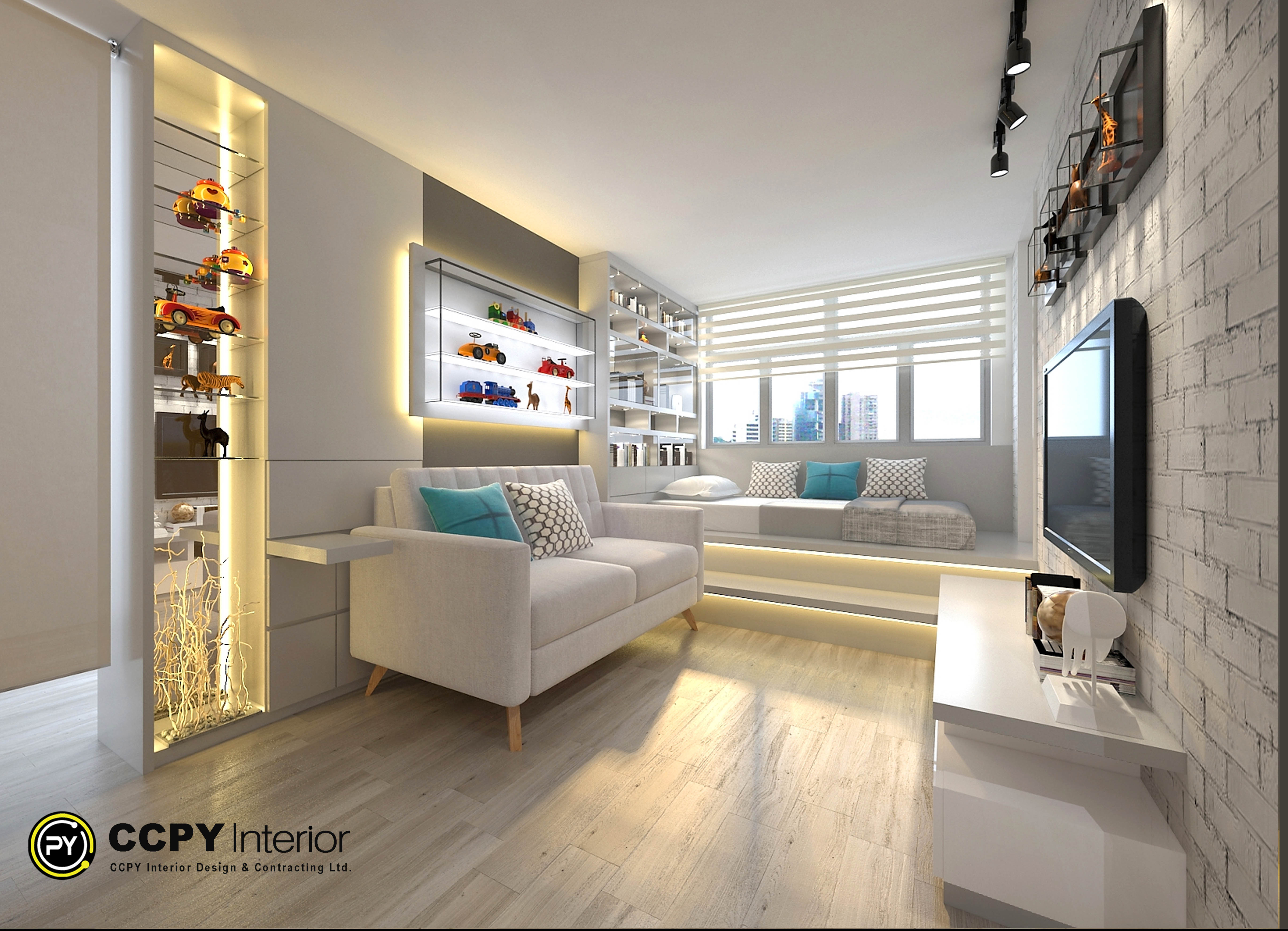 The selected region shows a modern apartment living room designed for efficiency and style.Design ElementsNeutral Tones: White walls, light wood flooring, and gray upholstery maximize natural light.Smart Partitions: Low-profile shelving and platform levels replace bulky walls to separate spaces.Integrated Lighting: Warm LED strip lighting under shelves and platforms adds depth and a cozy ambiance.Compact Furniture: A streamlined sofa paired with built-in storage platforms optimizes the small footprint.Vertical Storage: Floor-to-ceiling display cabinets utilize vertical space for collections without cluttering the floor.