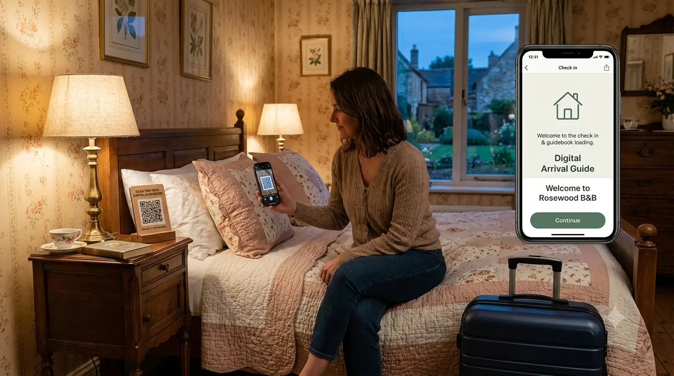 B&B guest using a phone to open digital check-in instructions in their room