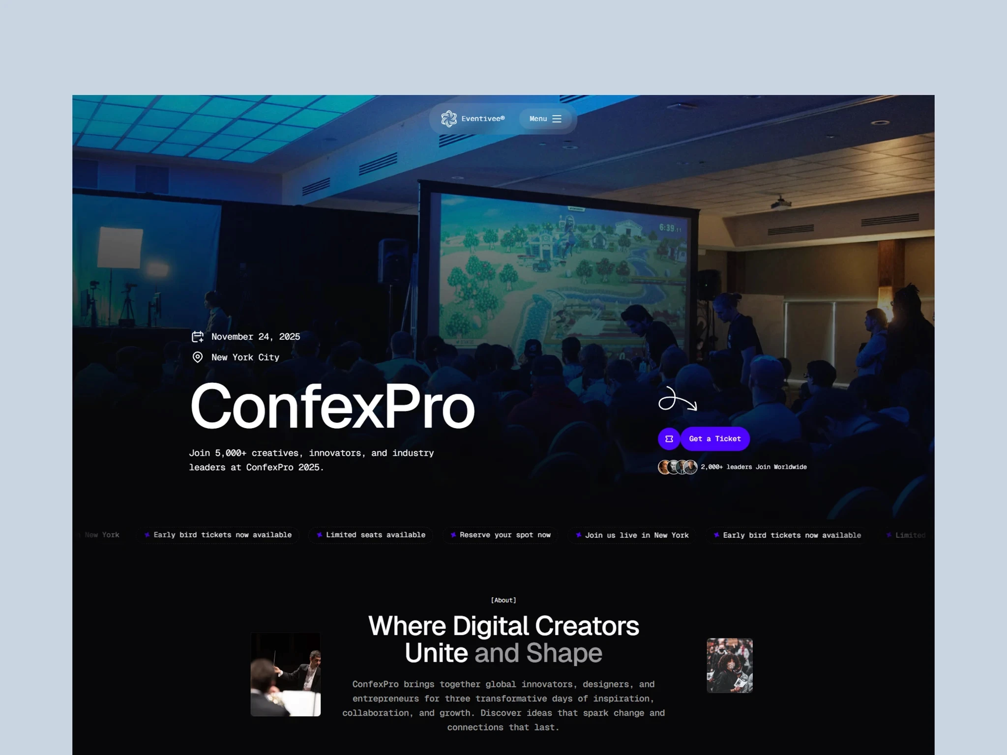 Eventivee modern event agency Framer template featuring conference hero section, ticket CTA, and about section for digital creators
