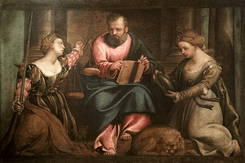 A classical painting featuring three figures, two women and a man, engaged in conversation and holding books.
