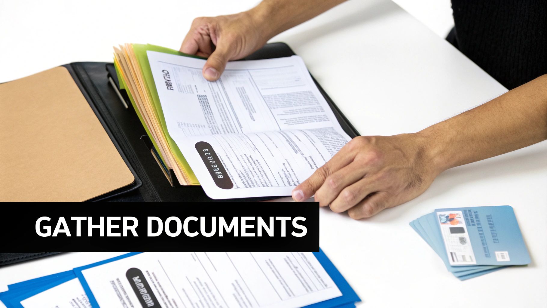Man organizing legal documents at a desk in a professional setting.
