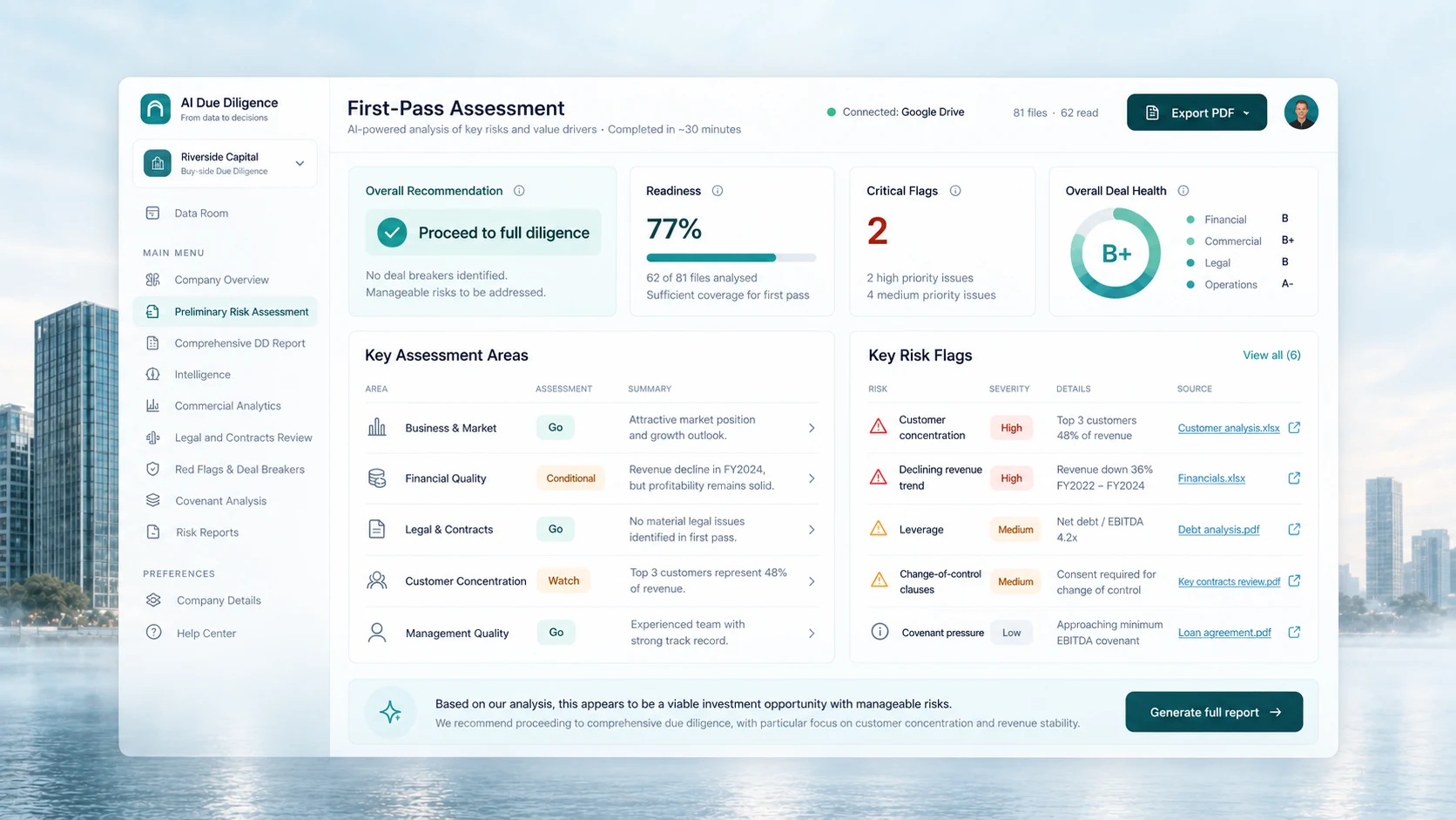 First-pass assessment in AI Due Diligence: overall recommendation, readiness, critical flags and deal health, with key assessment areas and risk flags linked to their sources