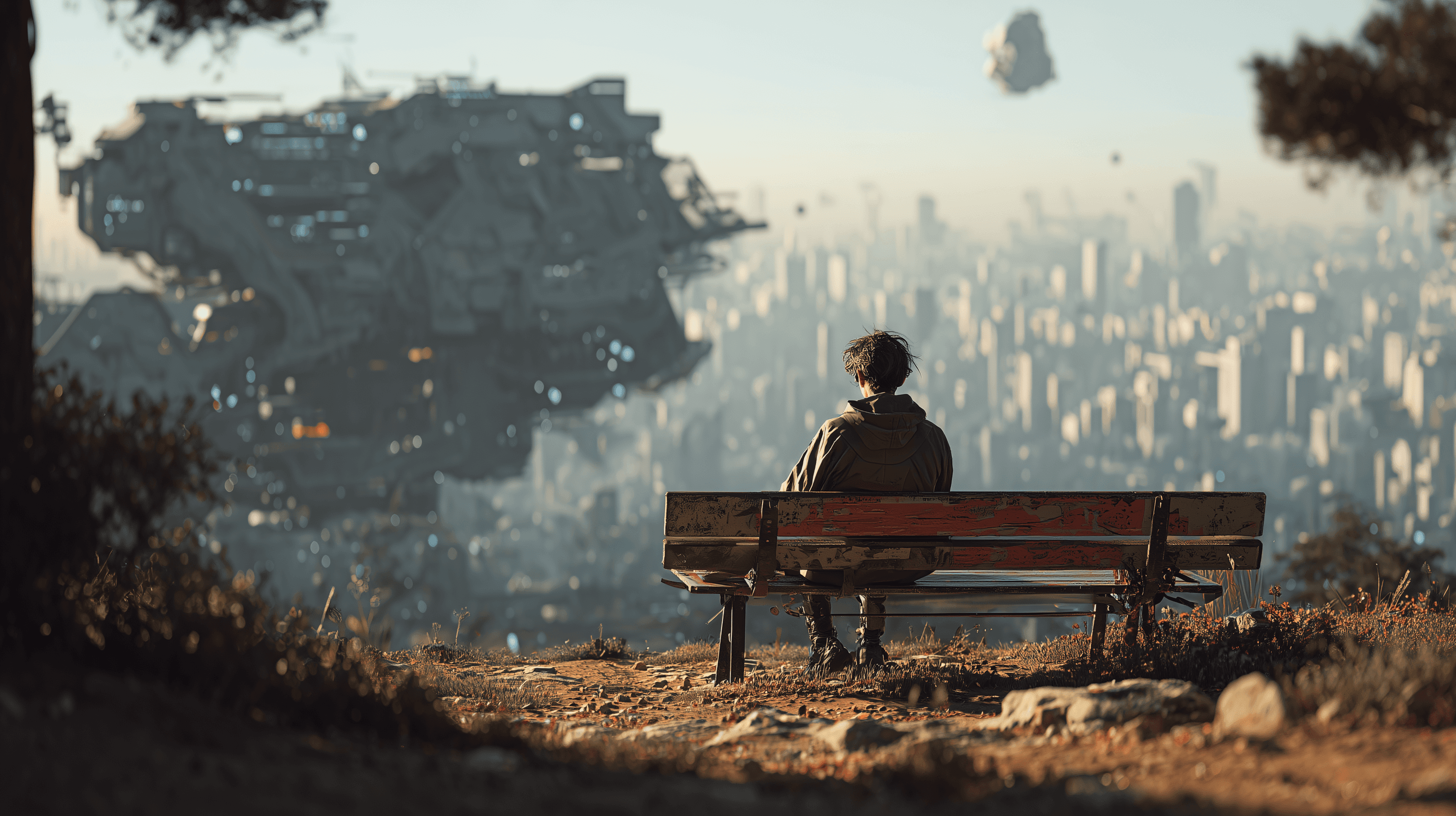 A lone person sitting calmly on a park bench, looking out at a futuristic city skyline filled with glowing holographic AI interfaces and digital data streams in the sky.