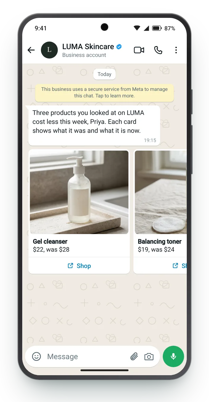 Three viewed products, all cheaper: WhatsApp price drop message on an Android phone