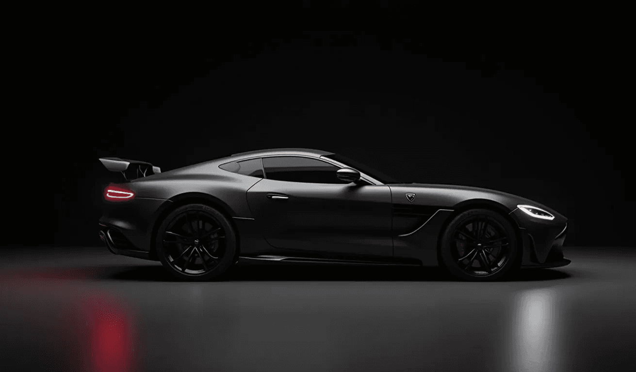 A sleek black sports car is shown in profile against a dark background, highlighting its aerodynamic design.