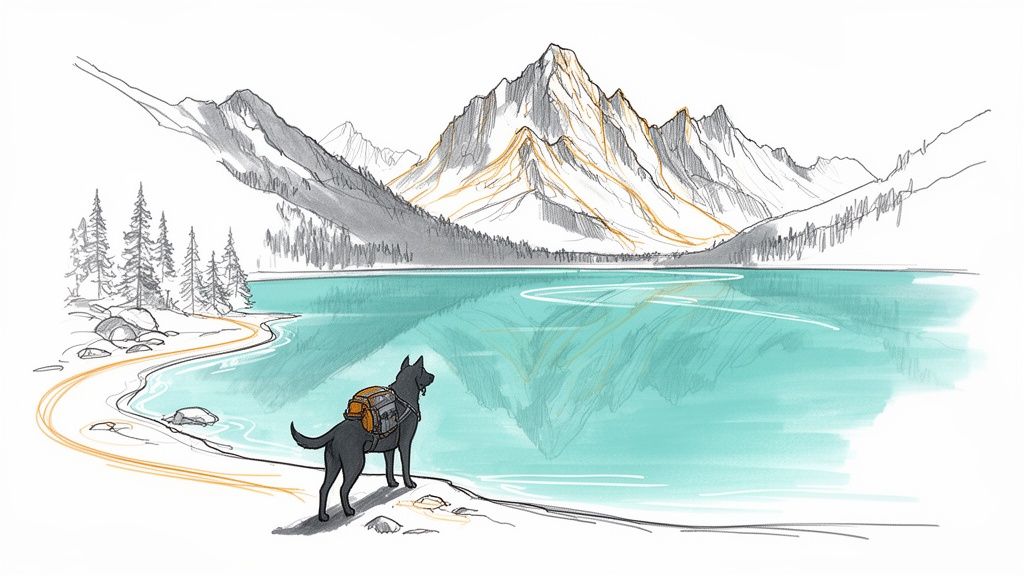 A black dog with a backpack stands by a turquoise lake, looking at mountains.