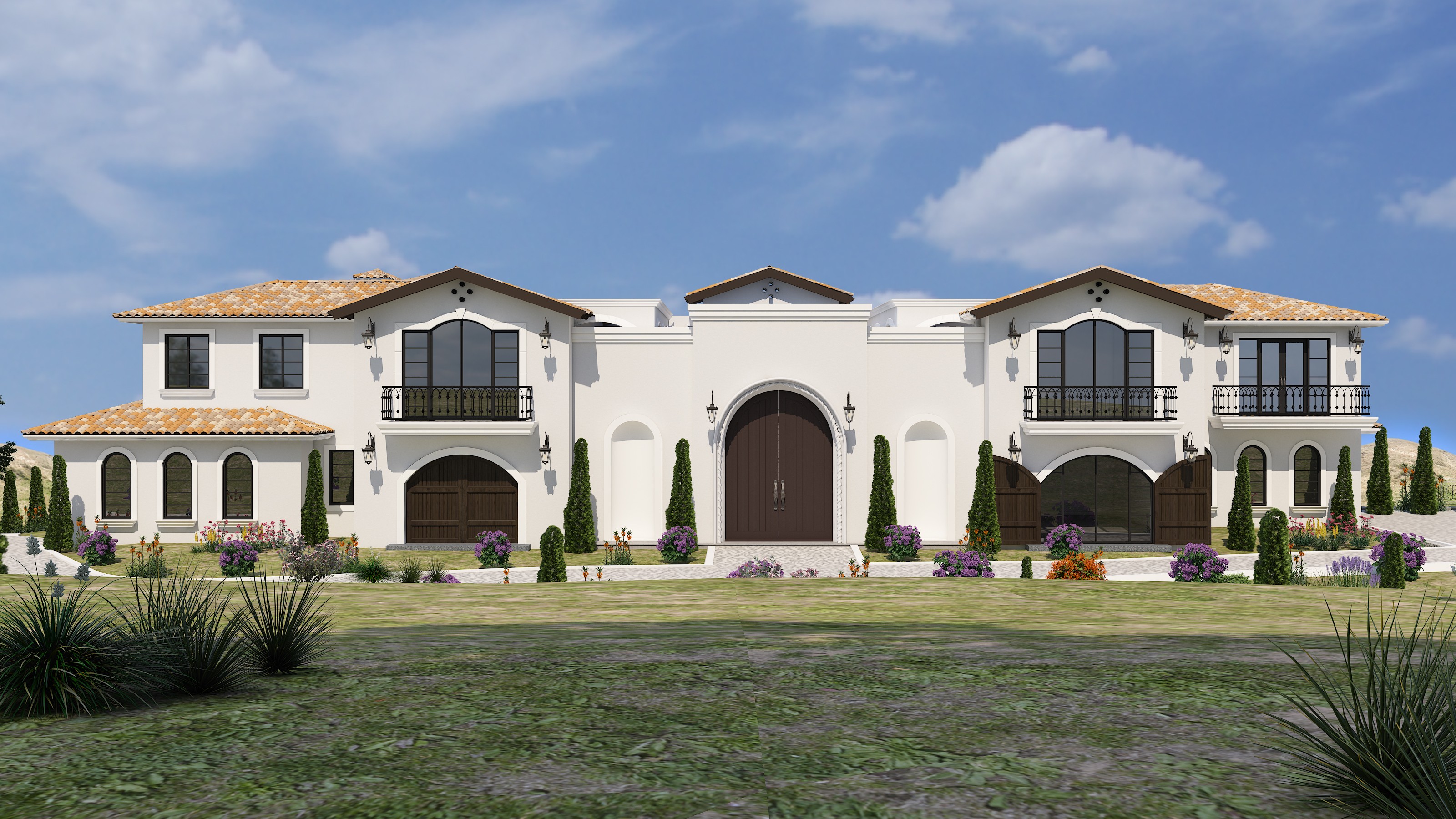 Rendering of the front exterior showcasing a Spanish villa design.